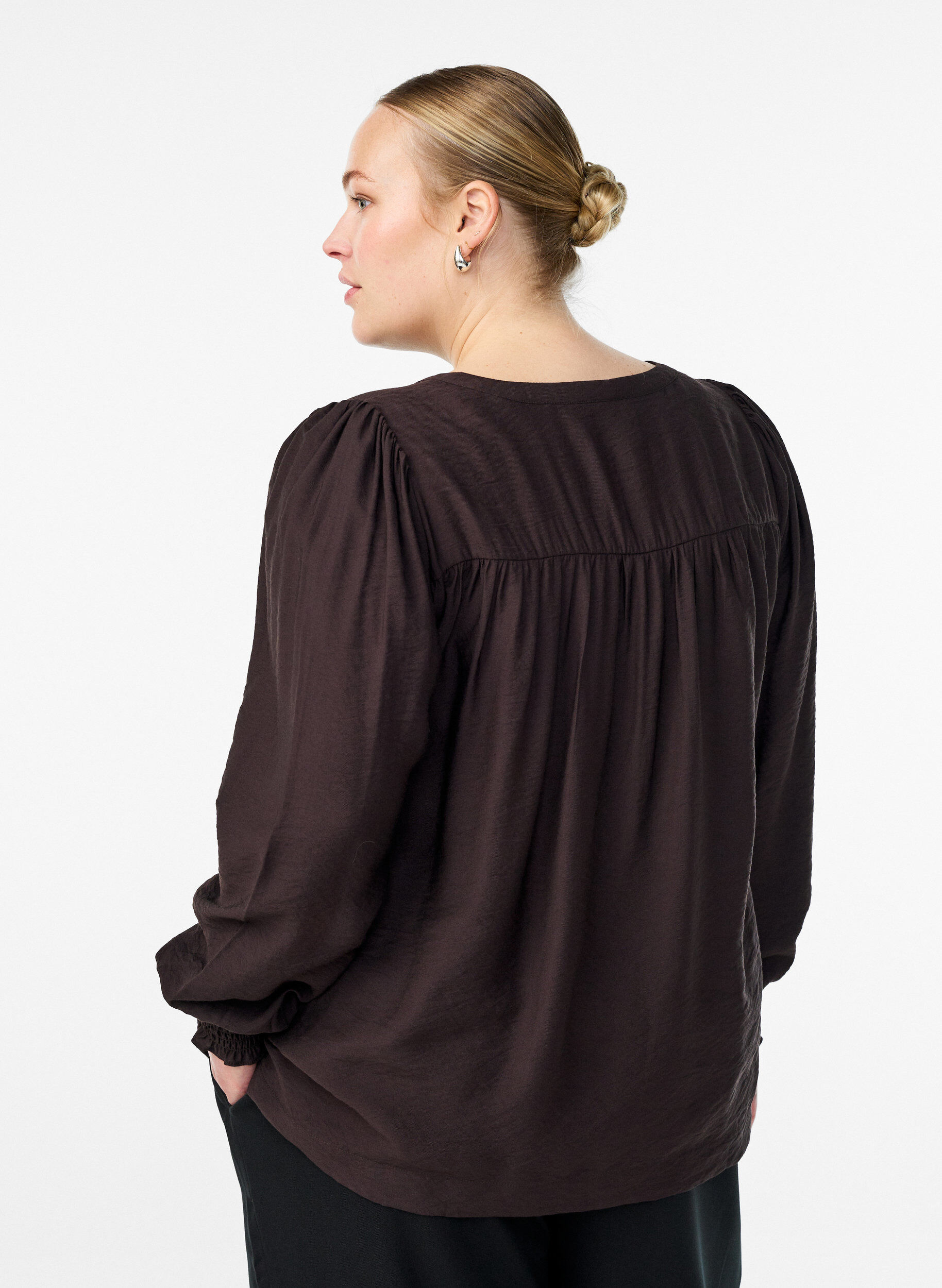ZizziViscose blouse met smock en geplooide details, Bruin, Model image number 2