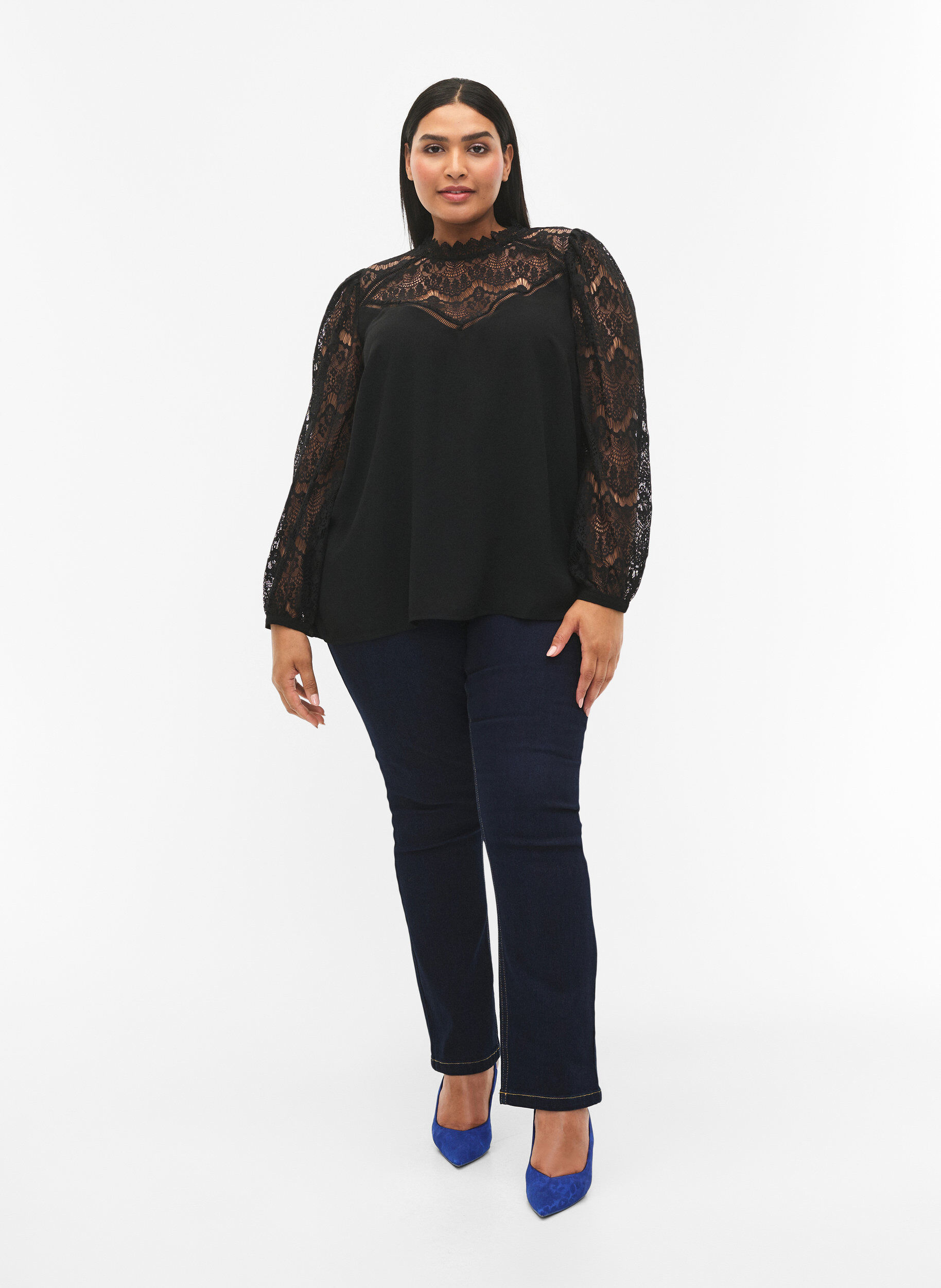 ZizziBlouse met lange mouwen en kant, Black, Model image number 2