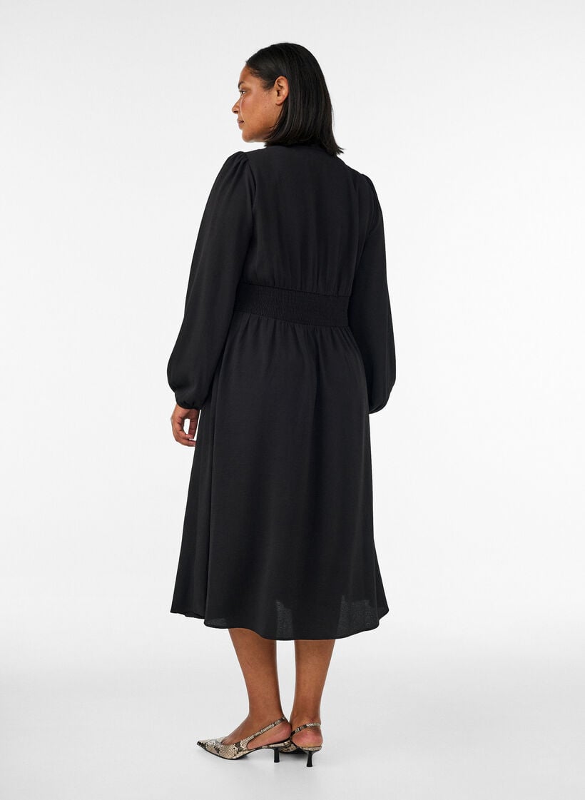 Robe midi avec smocks et boutons d&eacute;coratifs, Noir, Model image number 1