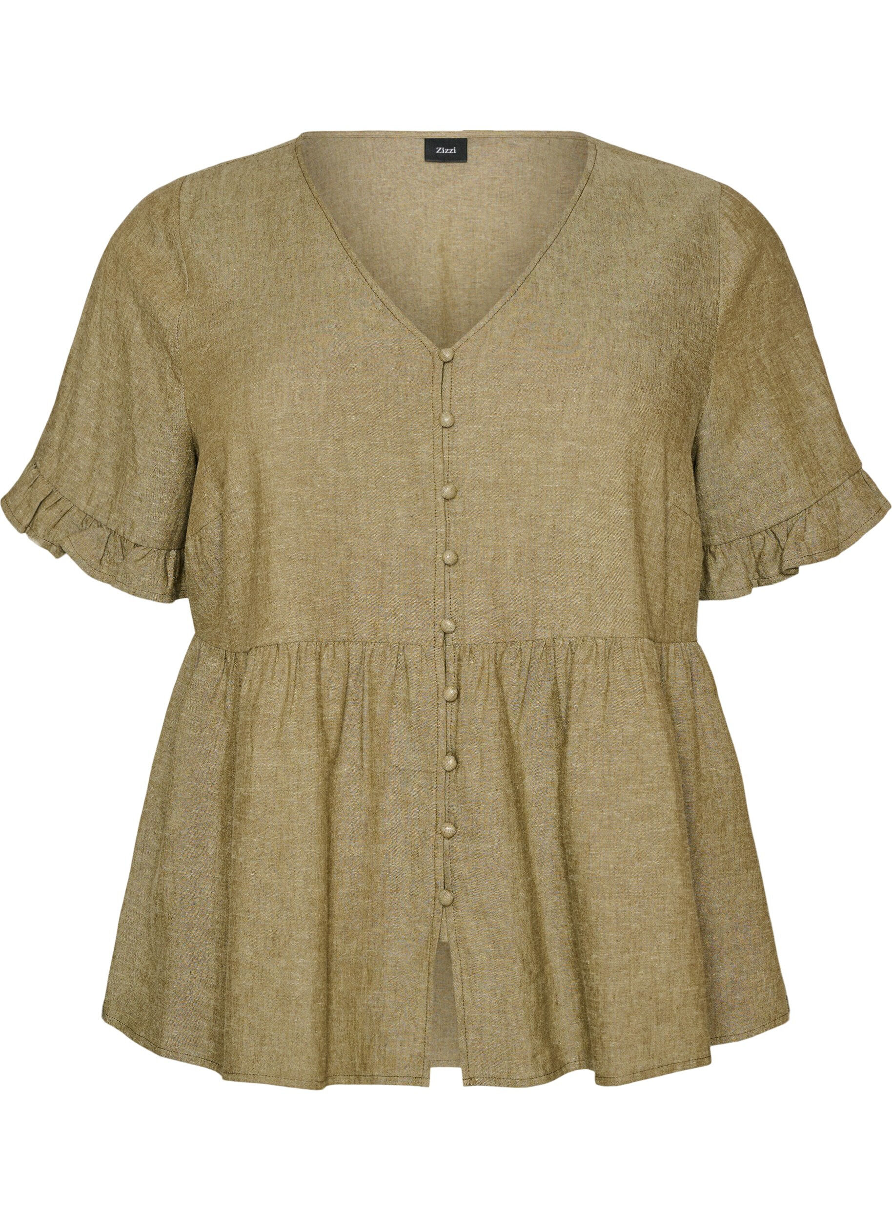 Blouse en lin et viscose avec un col en V et une fermeture boutonn&eacute;e