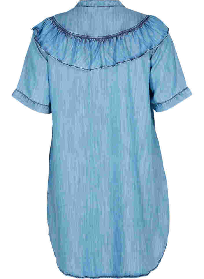 Denim jurk met ruches en korte mouwen, Blue denim, Packshot image number 1