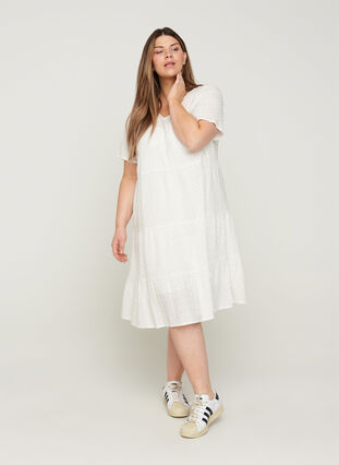 Robe à manches courtes avec broderie anglaise, Bright White, Model image number 0