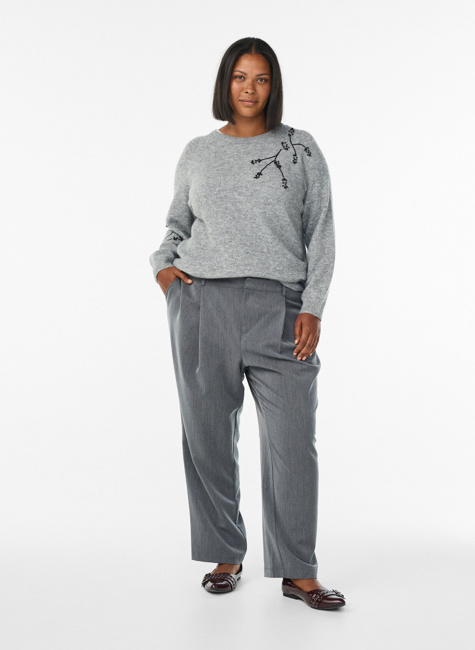 Dressebroek met hoge taille en rechte pijpen, Grijs, Model