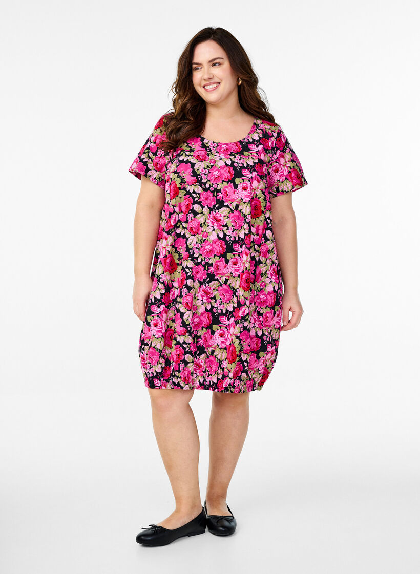 Katoenen jurk met korte mouwen en print, Zwart, Model image number 1