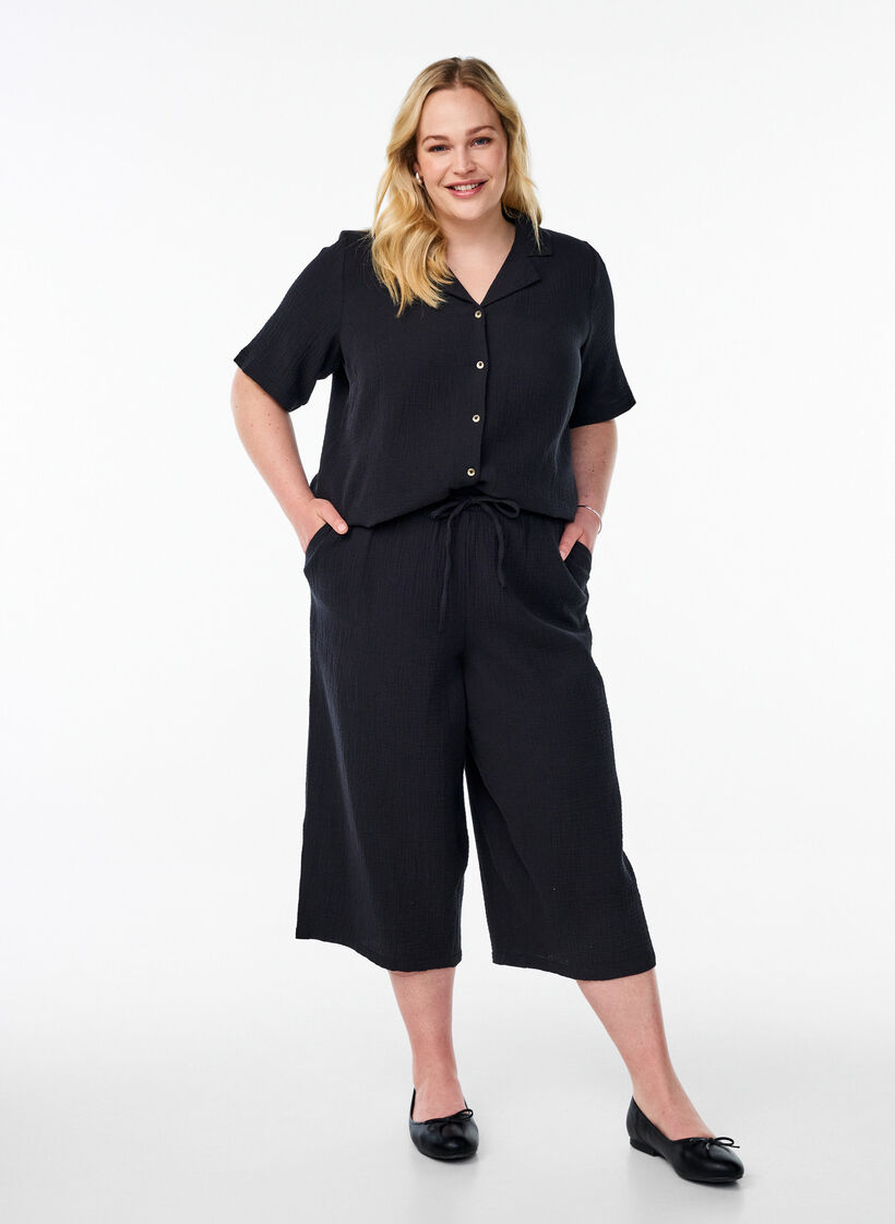Culotte broek van katoen met hoge taille, Zwart, Model image number 0
