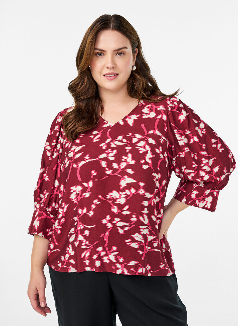 Blouse avec col en V et manches 3/4, Rouge, Model image number 0