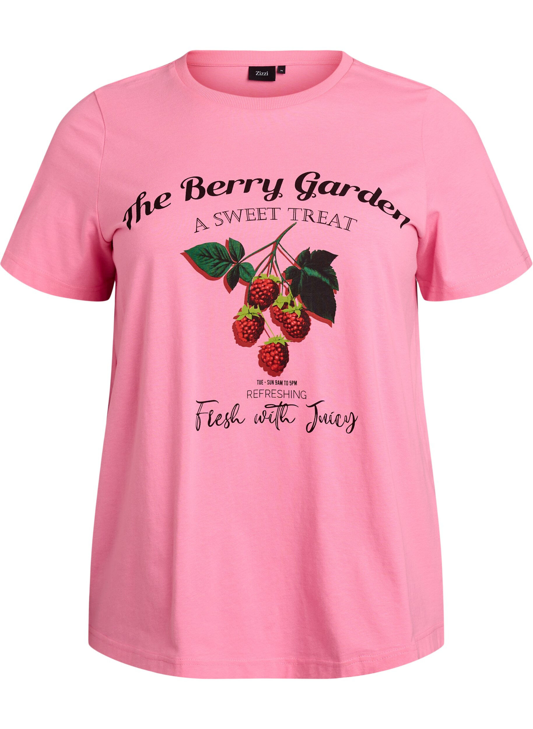 Zizzi T-shirt en coton avec imprim&eacute; fruits et texte, Rose, Packshot image number 0