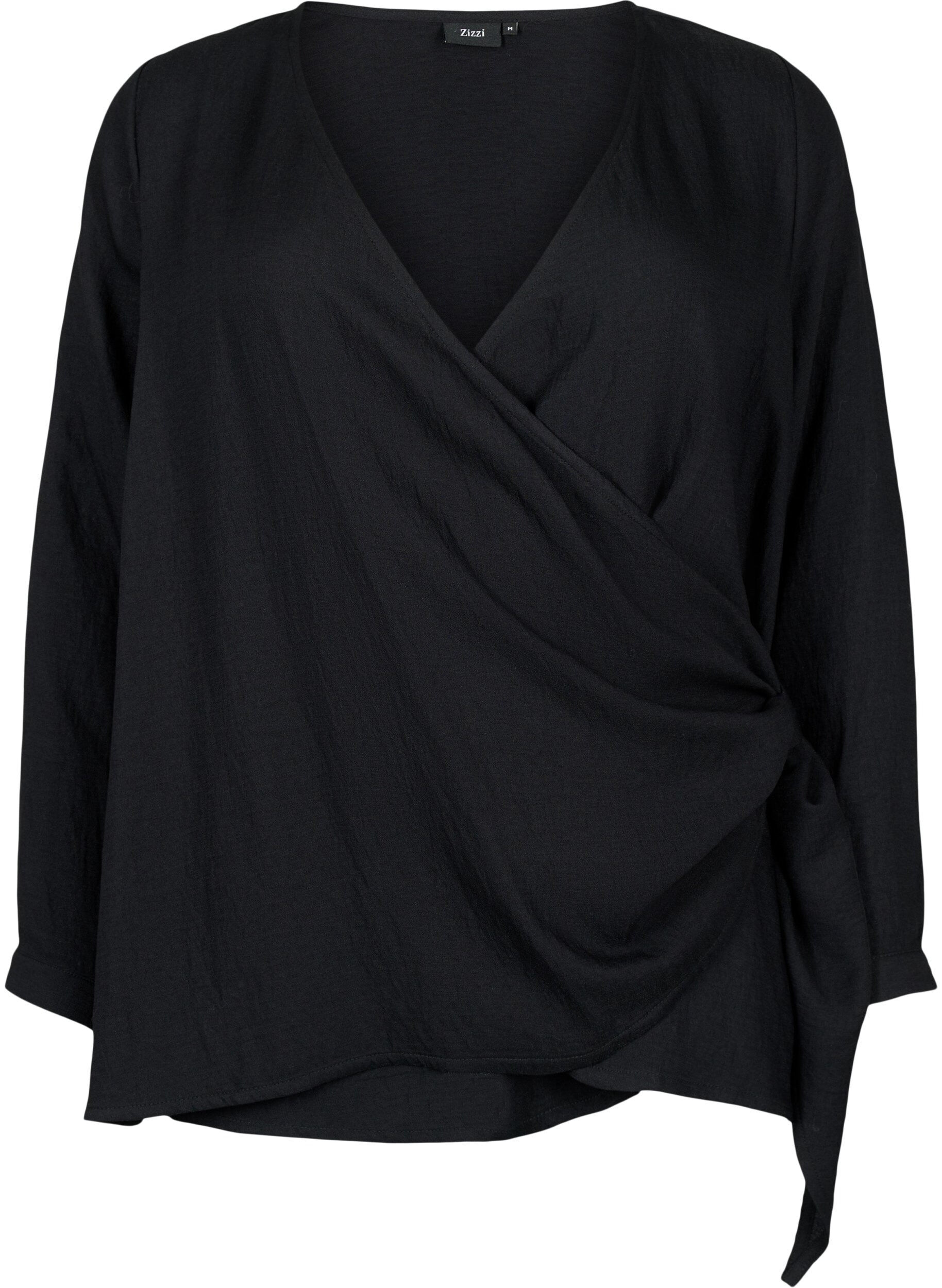 ZizziBlouse met lange mouwen in viscose met een wikkel-look, Black, Packshot image number 0