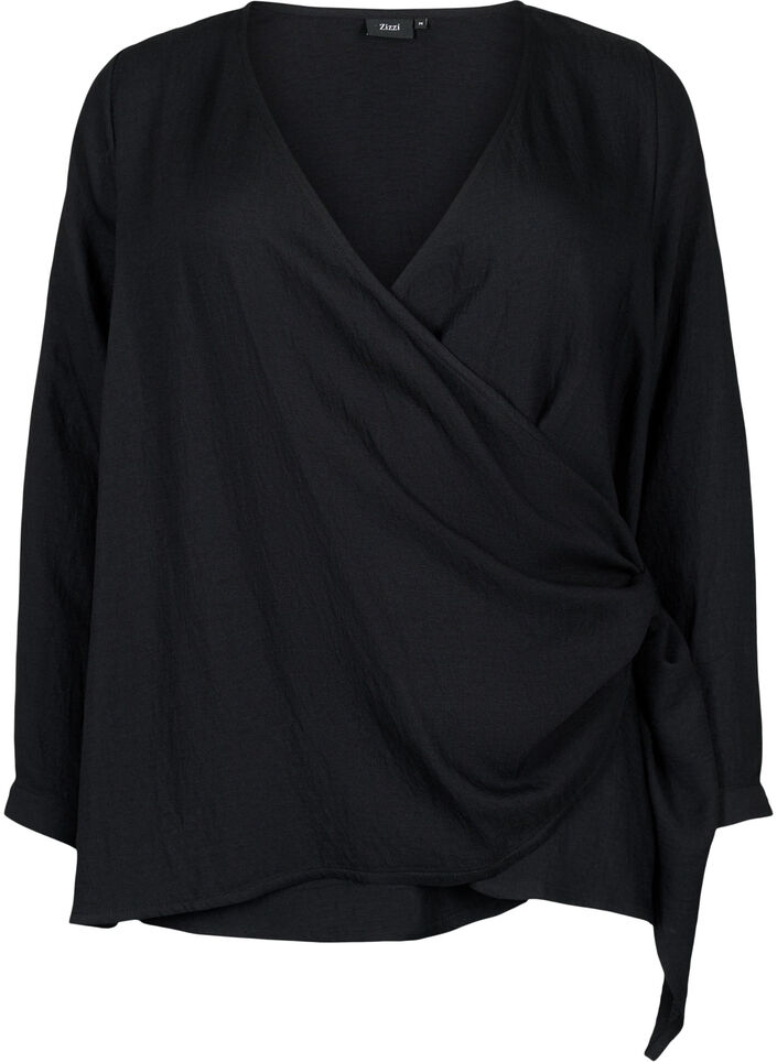 Blouse met lange mouwen in viscose met een wikkel-look, Black, Packshot image number 0
