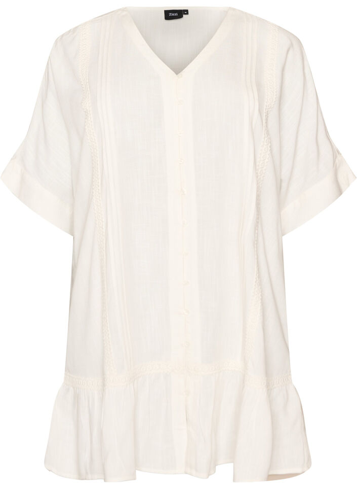 Viscose tuniek met knopen en rucherand, Vanille, Packshot image number 0