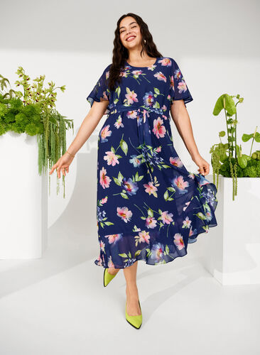 	 Midi-jurk met korte mouwen en bloemenprint, Blueprint Flower AOP, Image image number 0