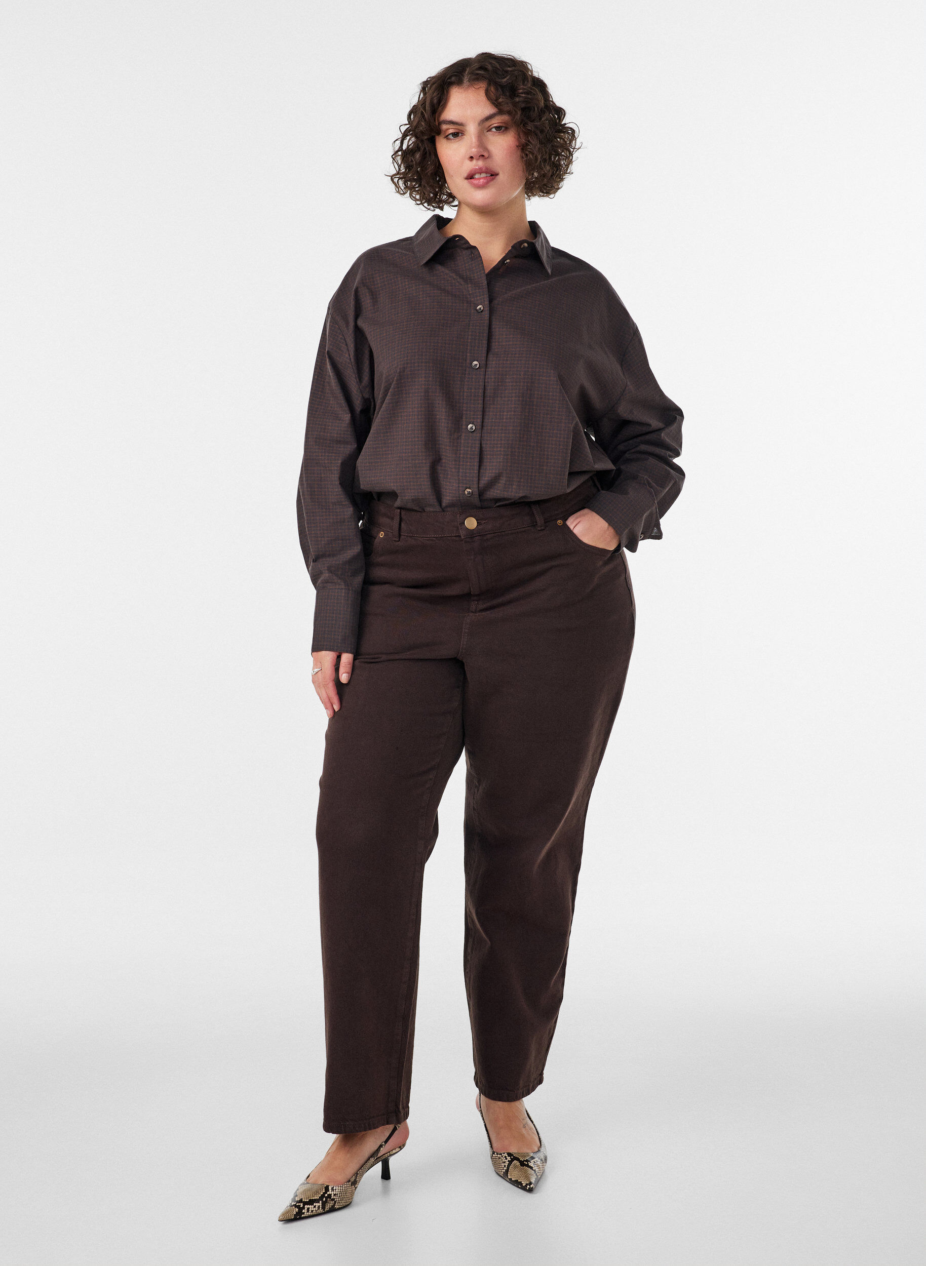 ZizziKatoenen overhemd met ruitpatroon, Bruin, Model image number 1