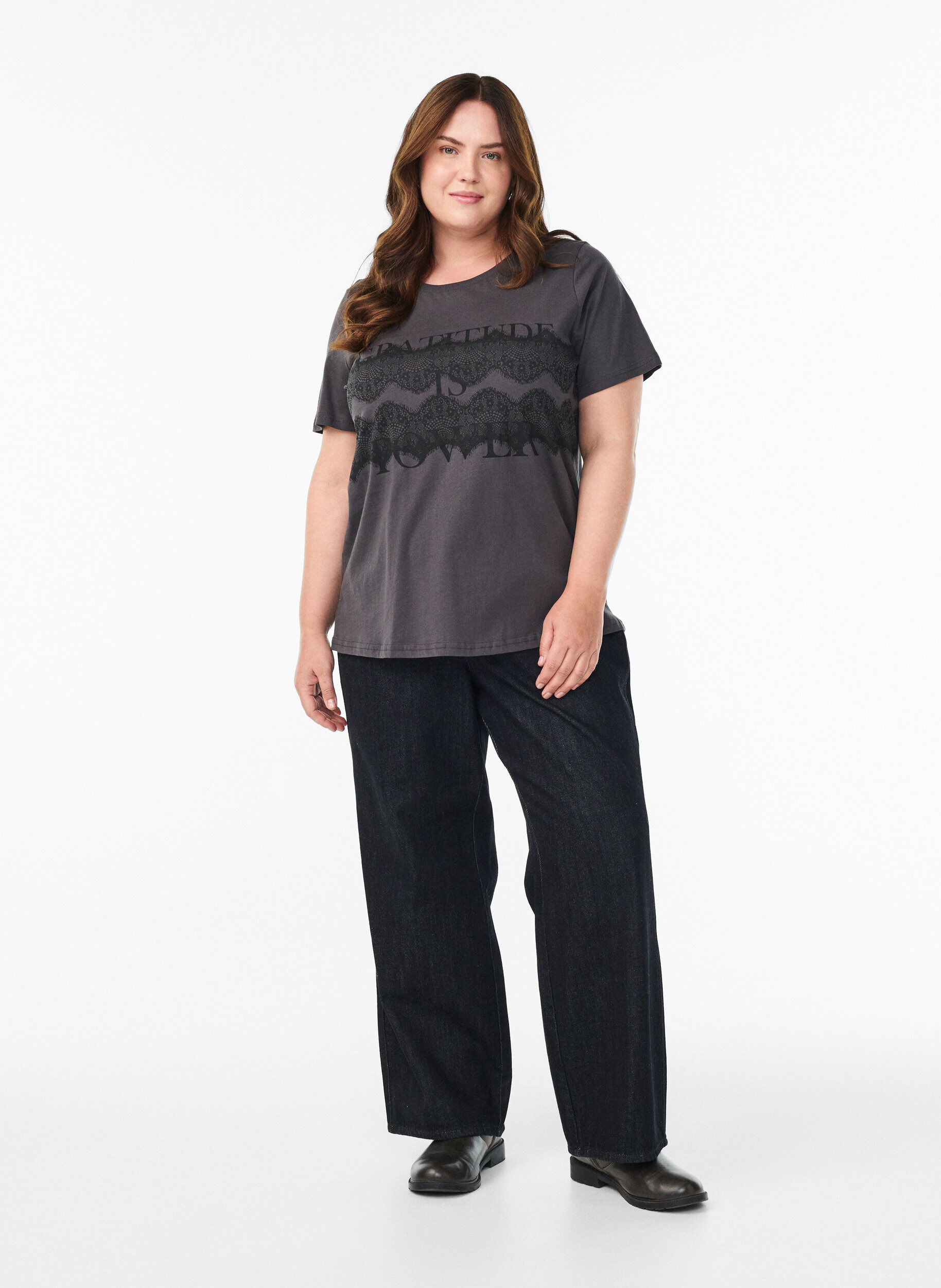 ZizziKatoenen T-shirt met print op de voorkant, Grijs, Model image number 1