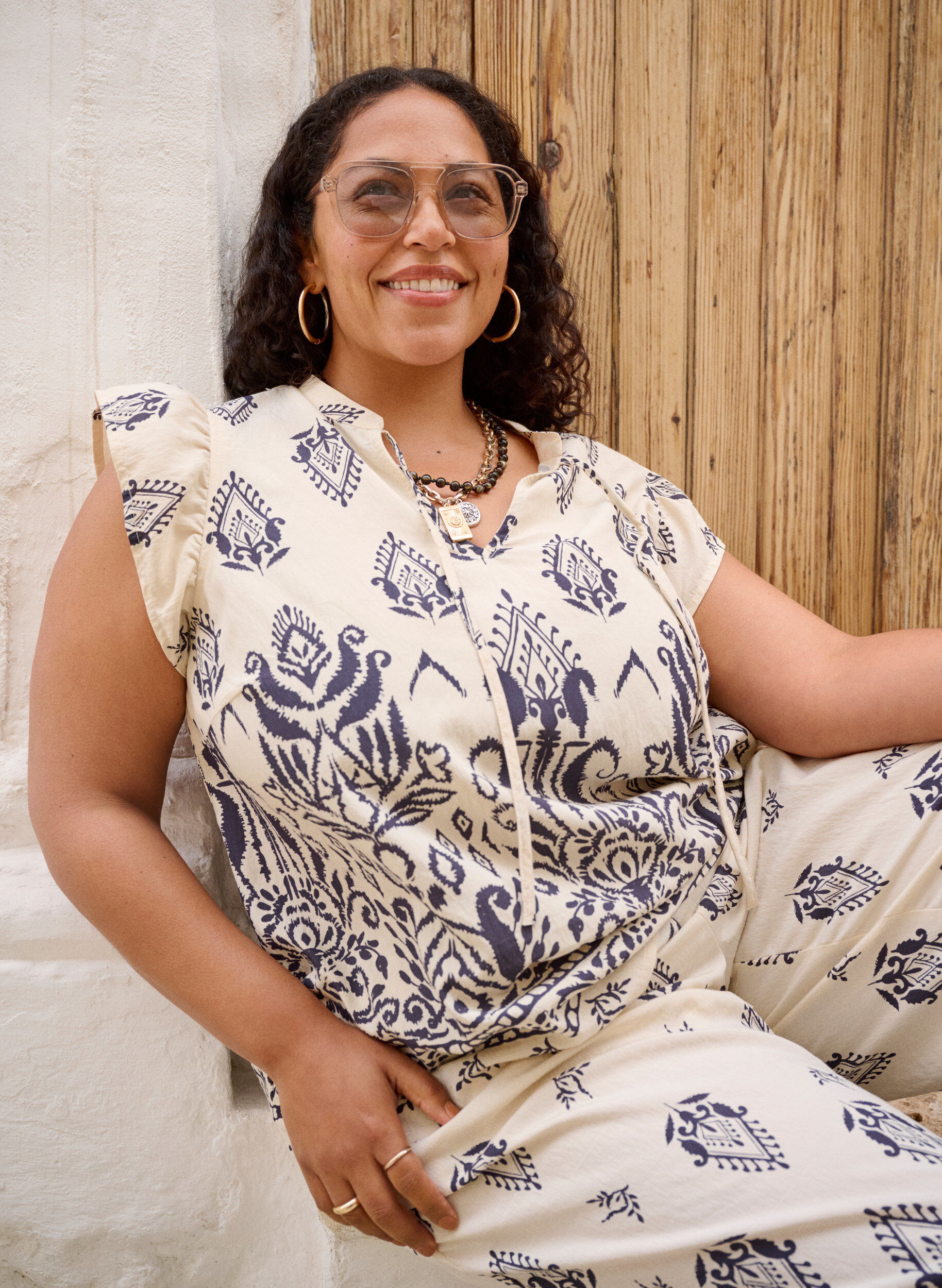 ZizziMouwloze blouse met ruche en print, Beige, Image image number 0