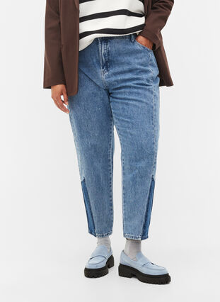 Jeans Mille coupe maman avec patch de couleurs, Blue denim, Model image number 3