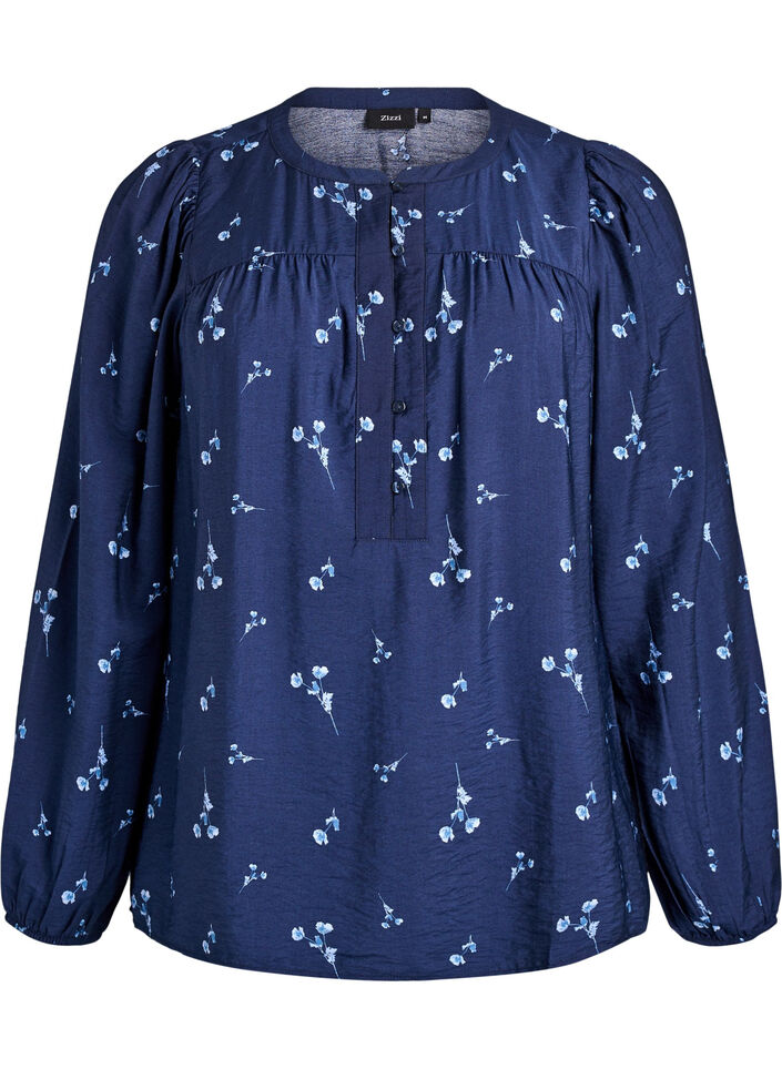 Blouse met knoopsluiting en kleine bloemen, Blauw, Packshot image number 0