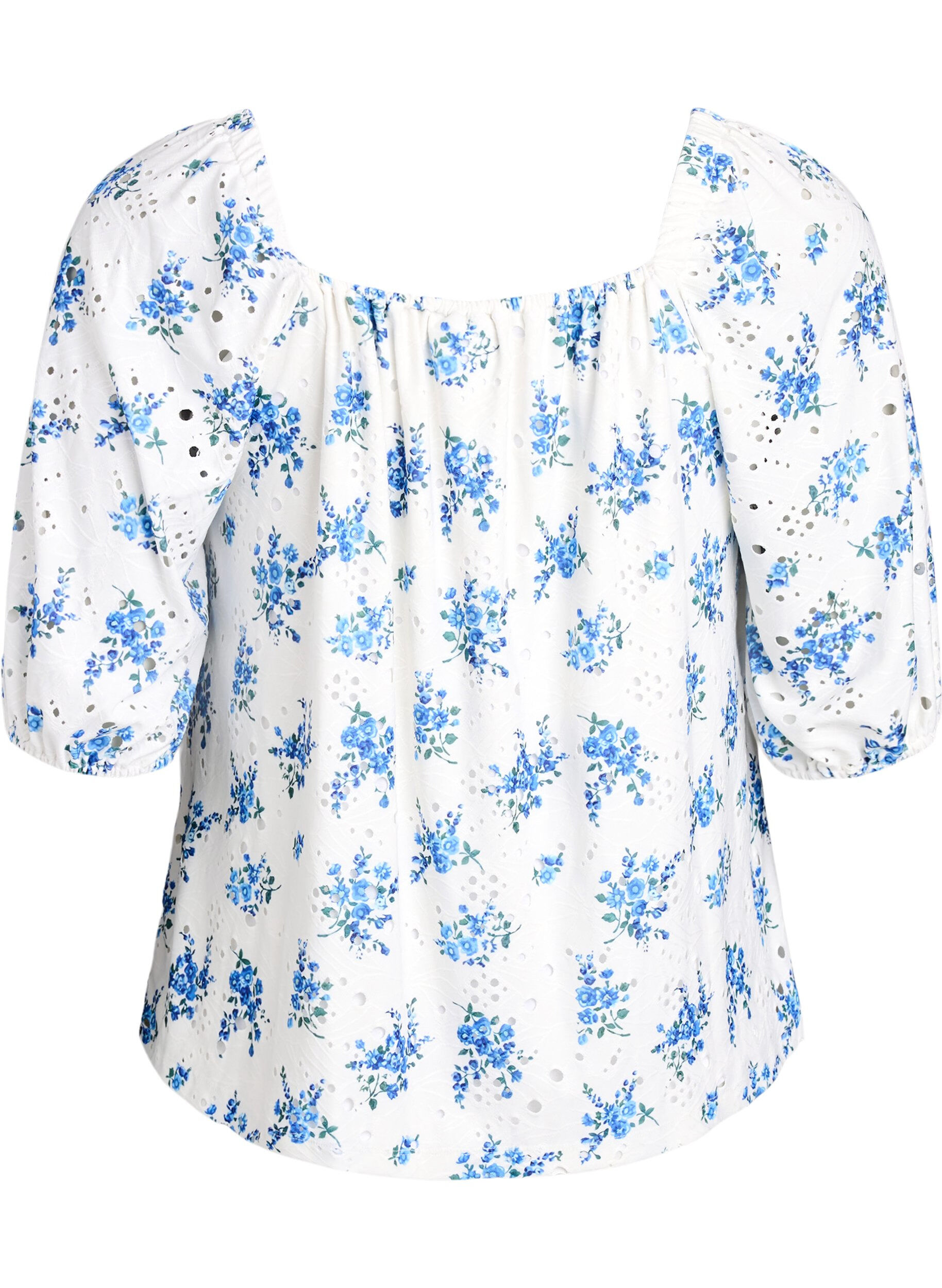 ZizziBloemenblouse met een vierkante halslijn en ajourborduursel, Wit, Packshot image number 1