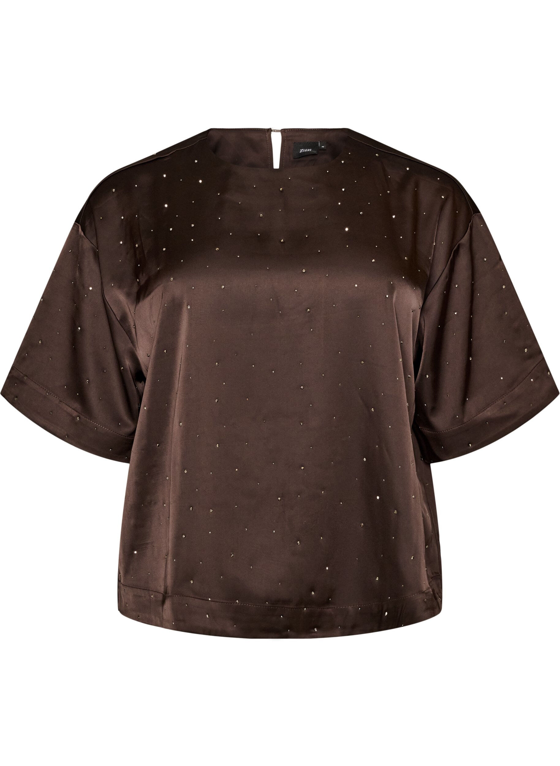 ZizziBlouse en satin avec strass et manches au coude, Marron, Packshot image number 0