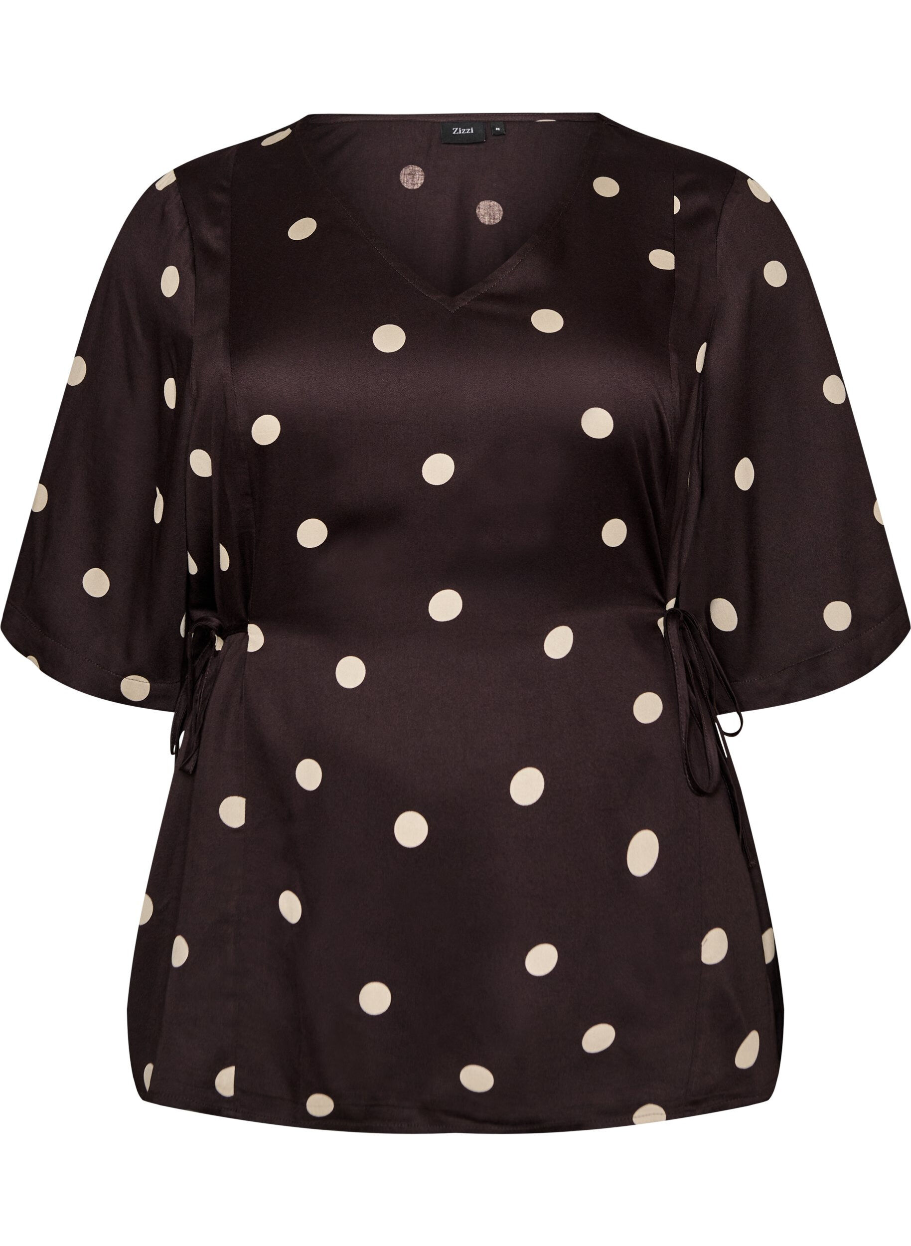 ZizziBlouse en viscose &agrave; pois avec col en V et lien &agrave; nouer, Marron, Packshot image number 0
