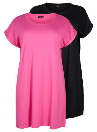 Robe en coton à manches courtes 2-pack, Shocking Pink/Black, Packshot image number 0