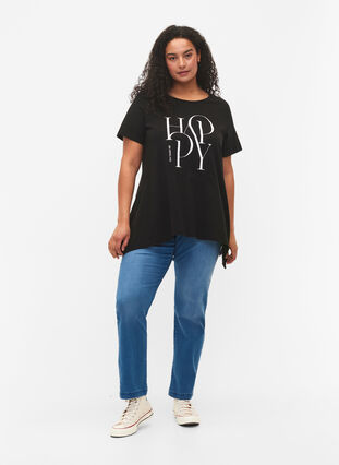 T-shirt en coton avec imprimé de texte, Black HAPPY, Model image number 2