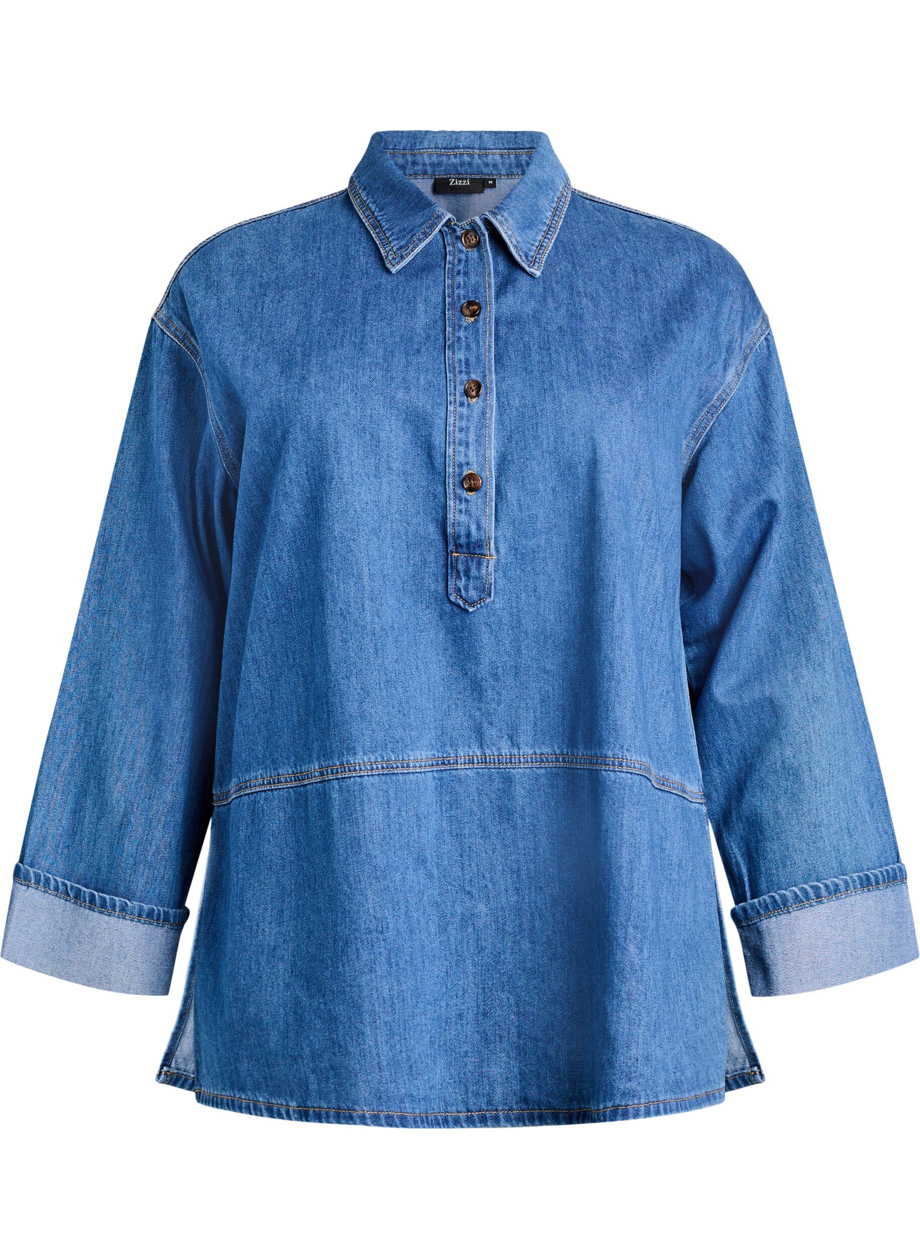 Zizzi Blouse ample en jean avec col et patte de boutonnage, Bleu, Packshot image number 0
