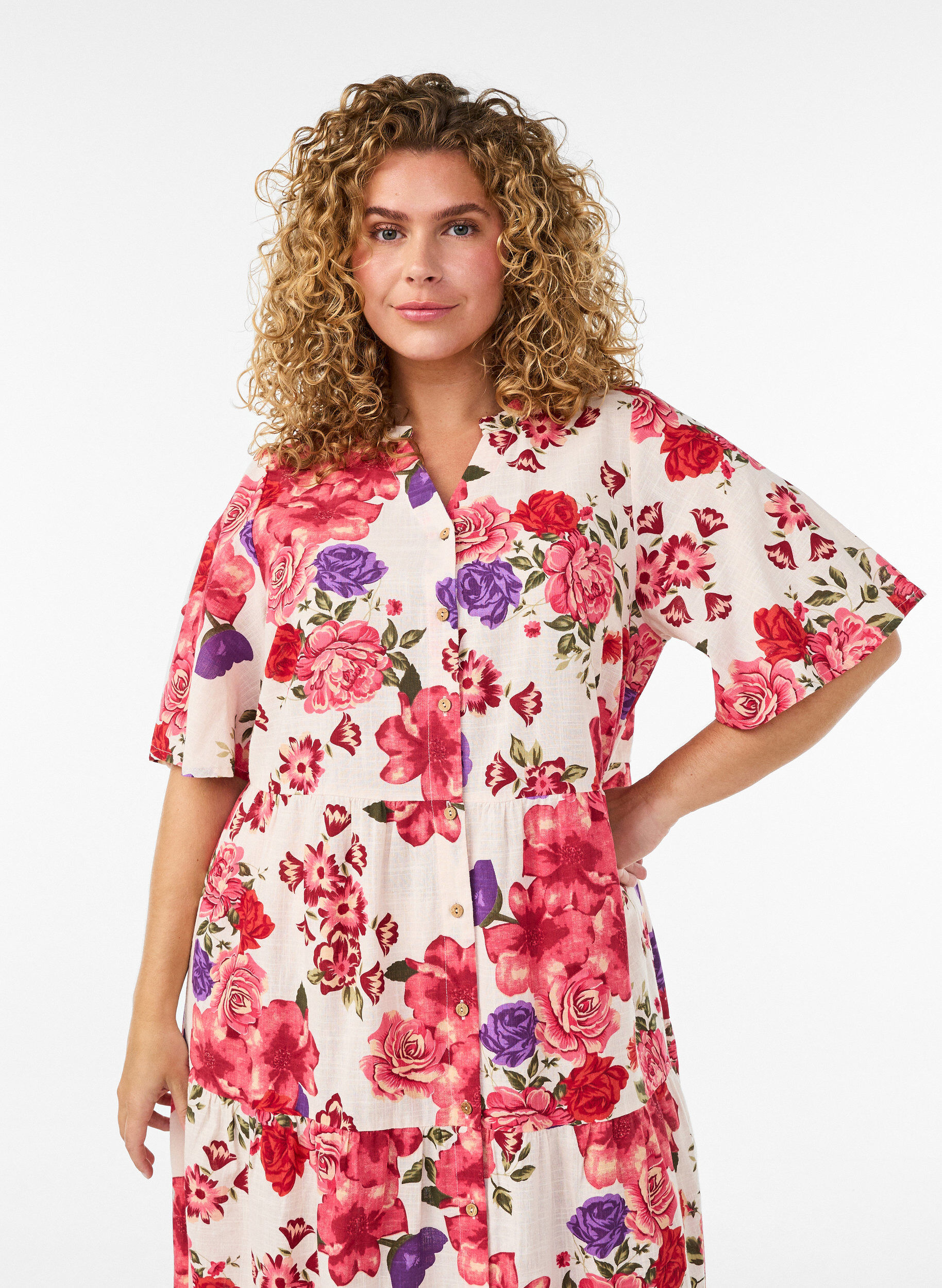 ZizziRobe midi en coton avec imprim&eacute; floral, Rouge, Model image number 2