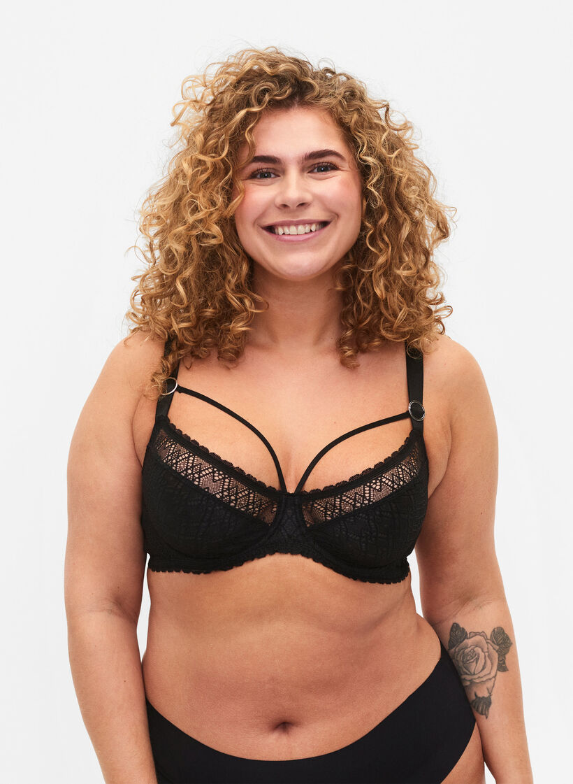  Kanten balconette met stringdetail, Zwart, Model image number 0