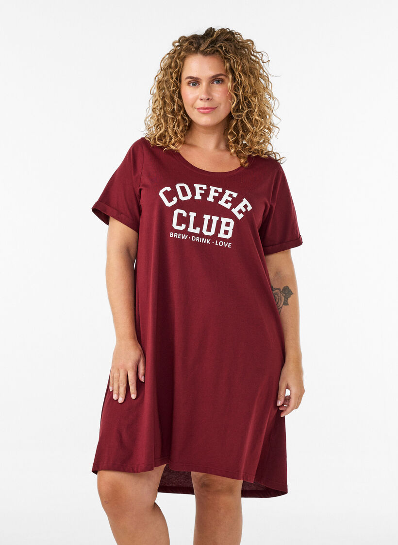 Chemise de nuit &agrave; manches courtes en coton biologique, Bordeaux fonc&eacute;, Model image number 0