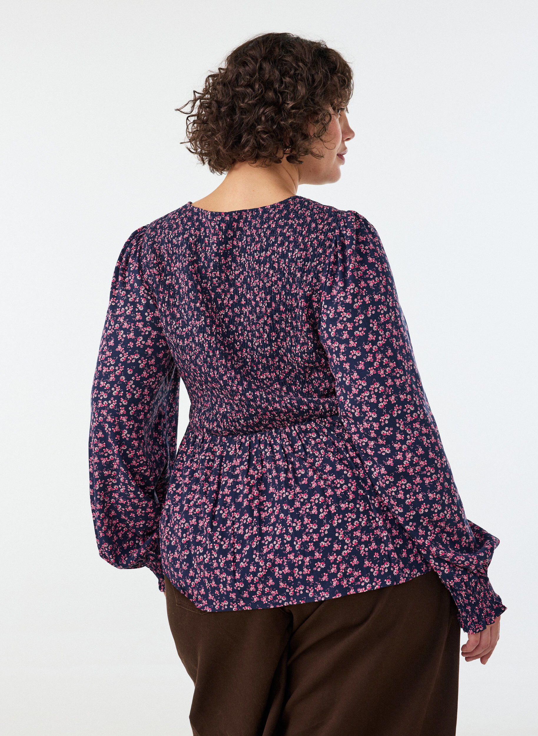 ZizziBlouse met gesmokte top en bloemenprint, Blauw, Model image number 1