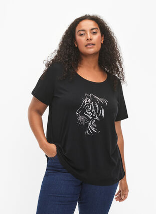 Katoenen T-shirt met motief, Black w. Lion, Model image number 0