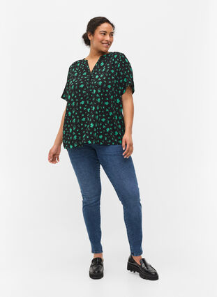 Chemise à manches courtes et col en V, Green Flower AOP, Model image number 2