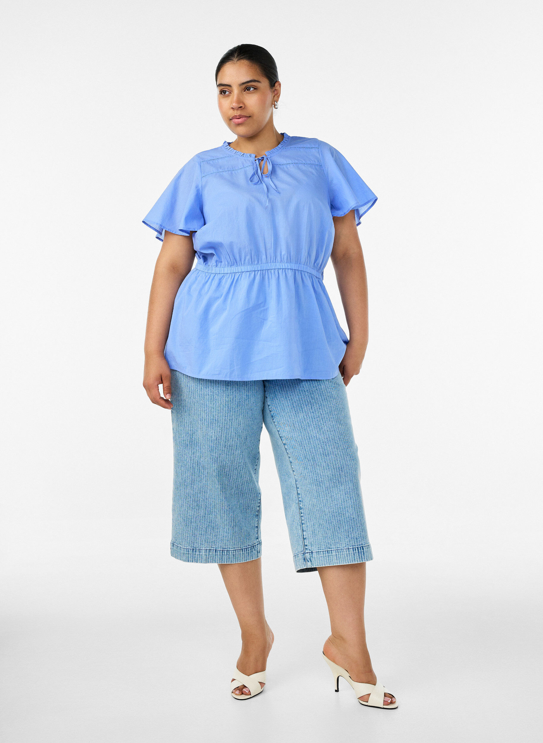 ZizziBlouse en coton avec lien &agrave; nouer et taille &eacute;lastiqu&eacute;e, Bleu, Model image number 1