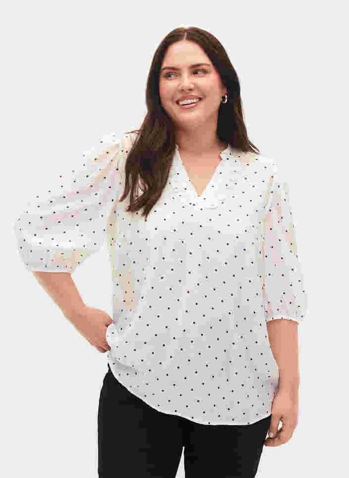 Gestippelde blouse met 3/4 mouwen in viscose, White Dot, Model