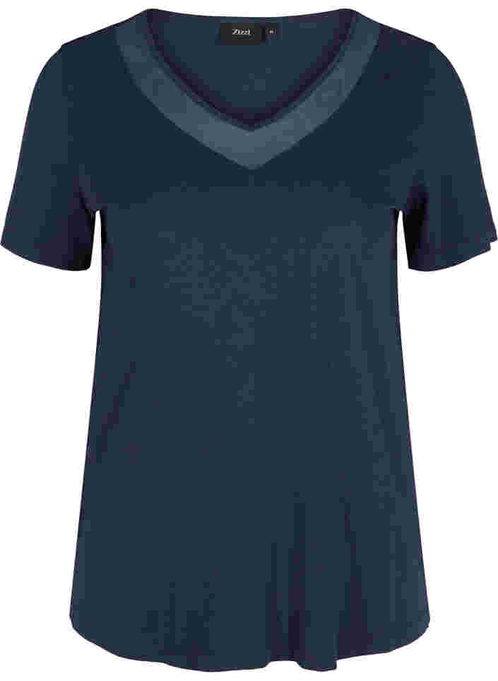 T-shirt à manches courtes avec col en V et résille, Navy Blazer, Packshot image number 0