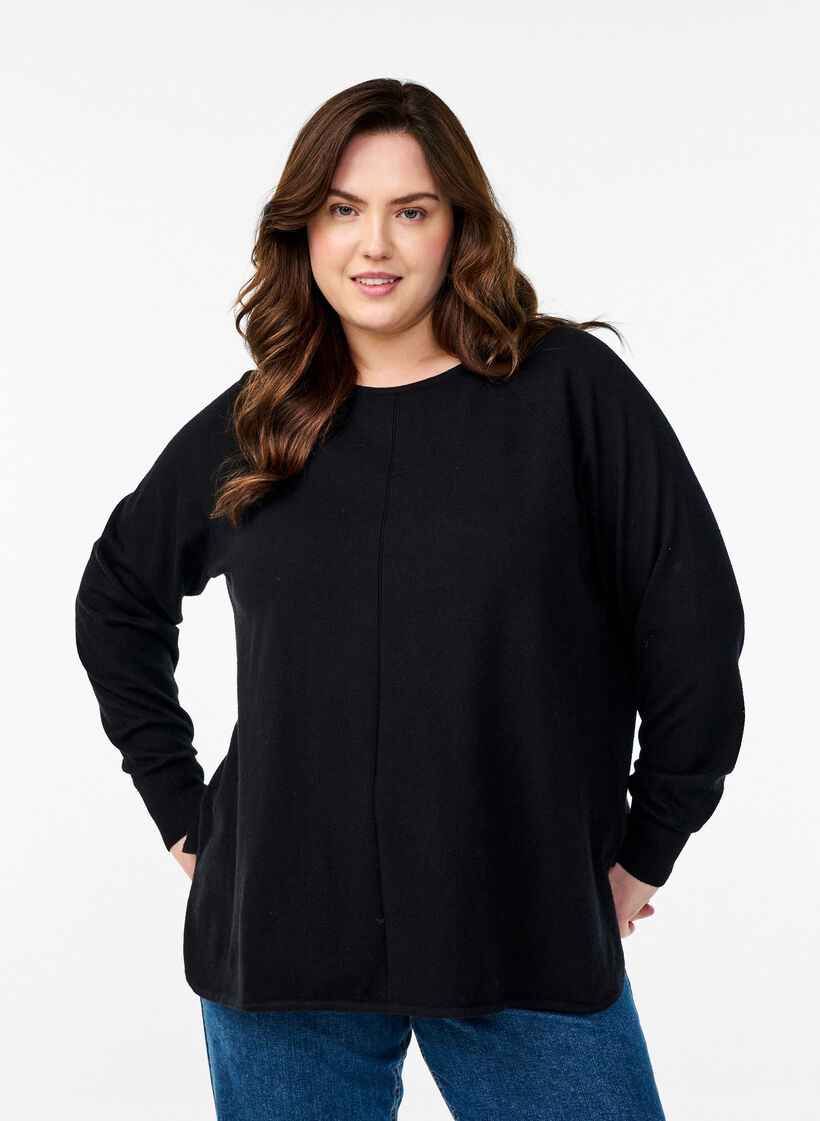 Gebreide blouse met ronde hals en gebreid patroon, Zwart, Model image number 0