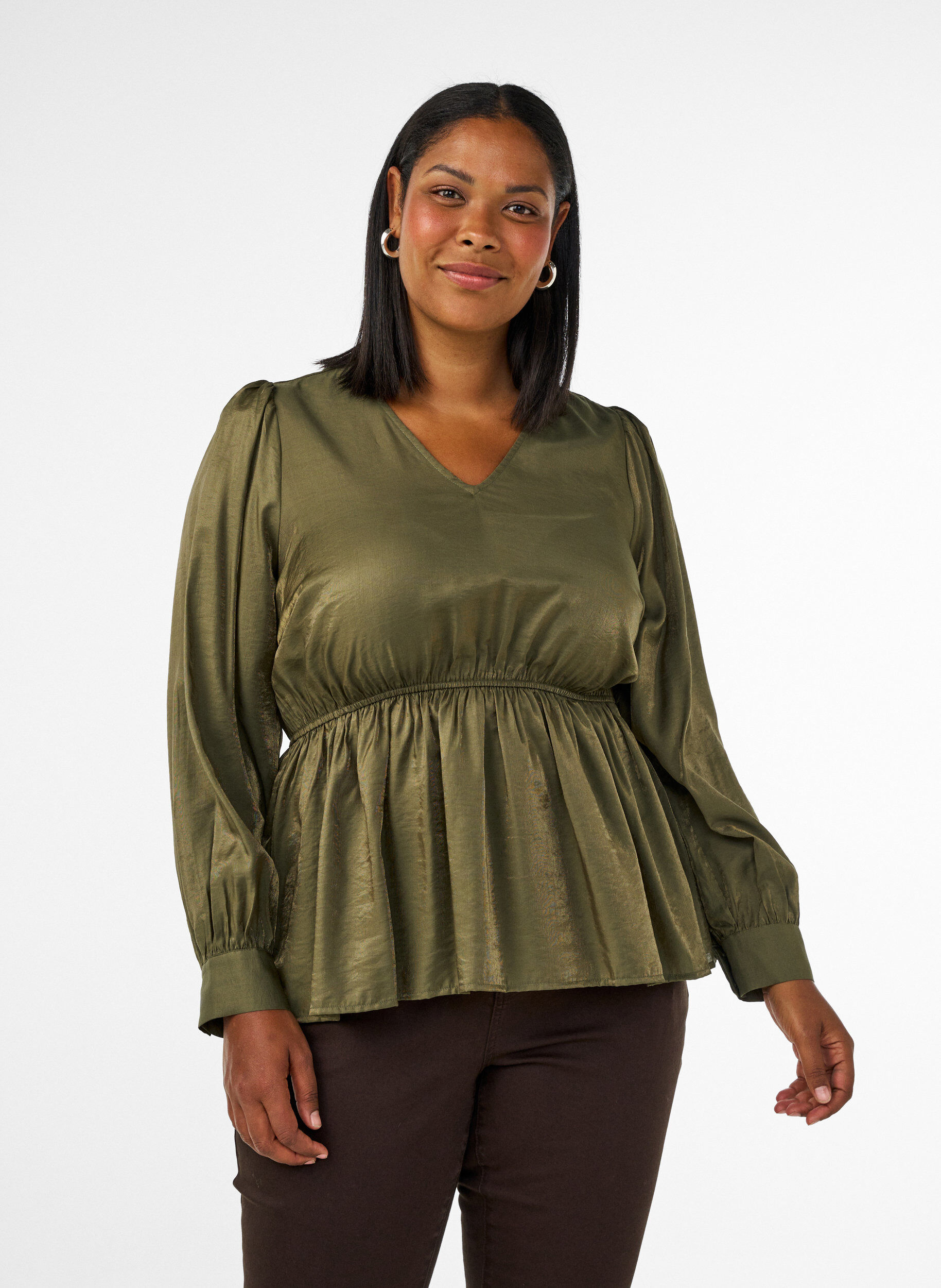 Glanzende viscose blouse met peplumeffect, Groen, Model