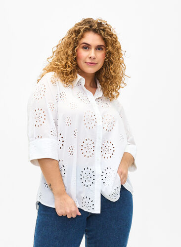 Chemisier avec broderie anglaise et manches 3/4, Bright White, Model image number 0
