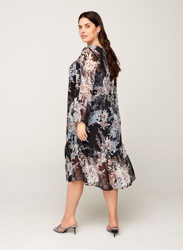 Midi-jurk met bloemenprint, Black/Rose Flower, Model image number 1