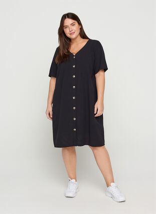 Katoenen jurk met korte mouwen en knopen, Black, Model image number 3