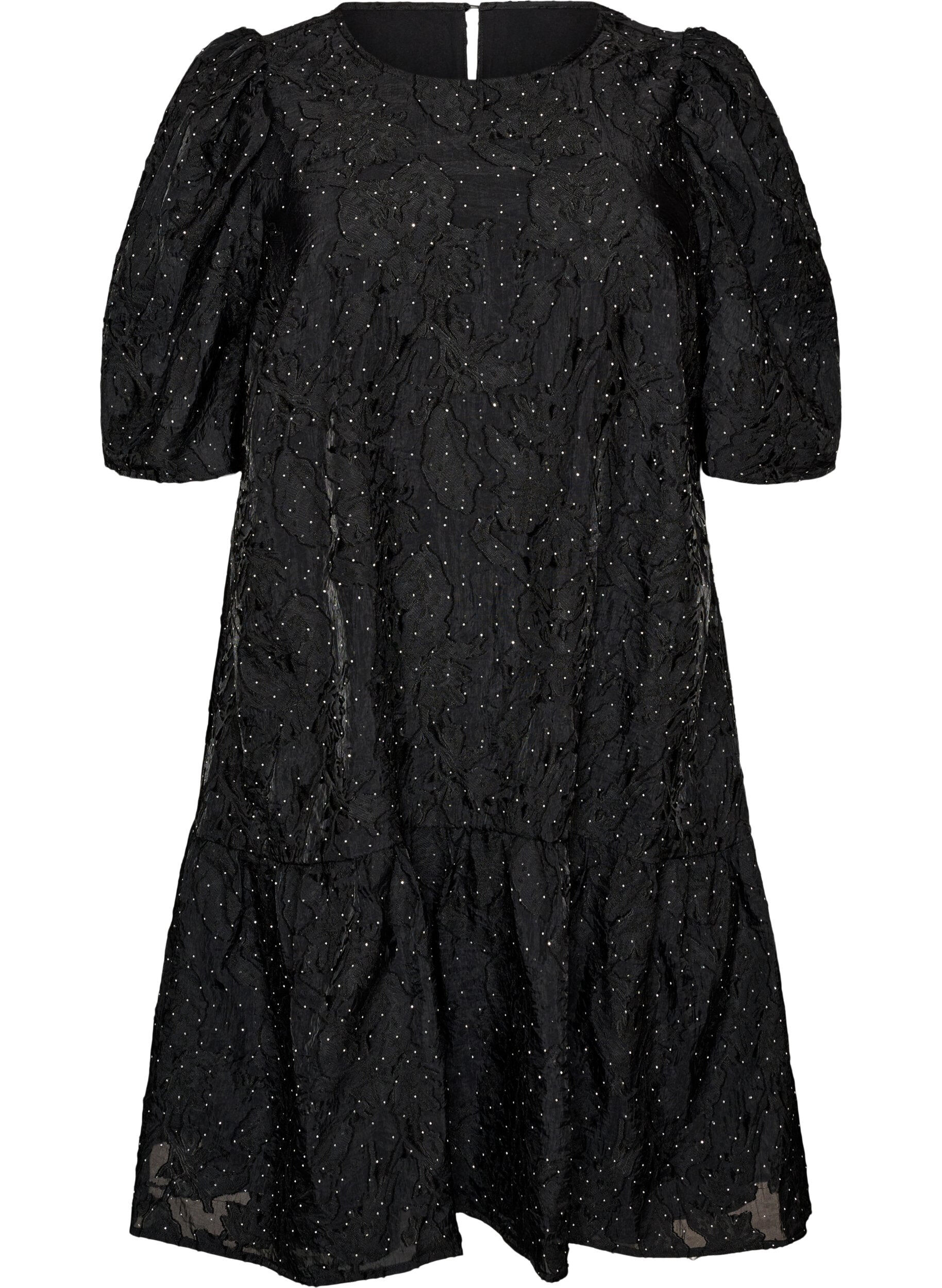 Jacquard jurk met glanzende details en pofmouwen