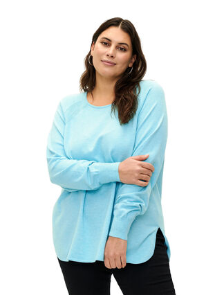 Gebreide blouse met raglanmouwen, Blue Curacao Mel., Model image number 0