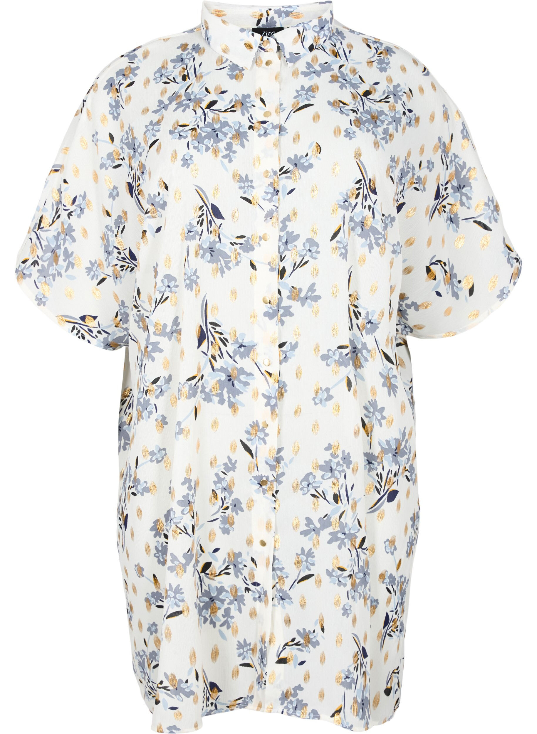 ZizziLang shirt met bloemenprint, White Flower/Gold, Packshot image number 0