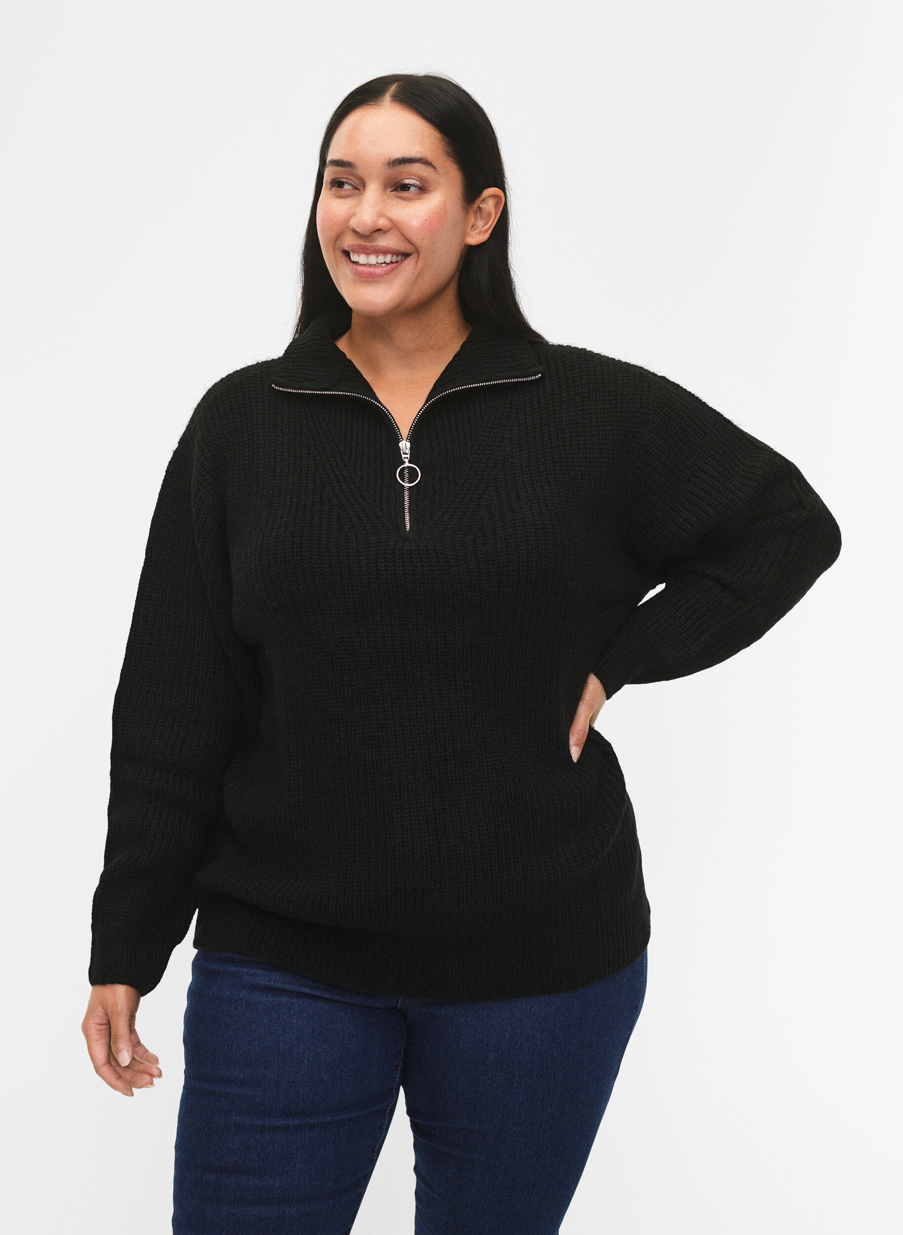 ZizziGebreide trui met hoge hals en rits, Zwart, Model image number 0