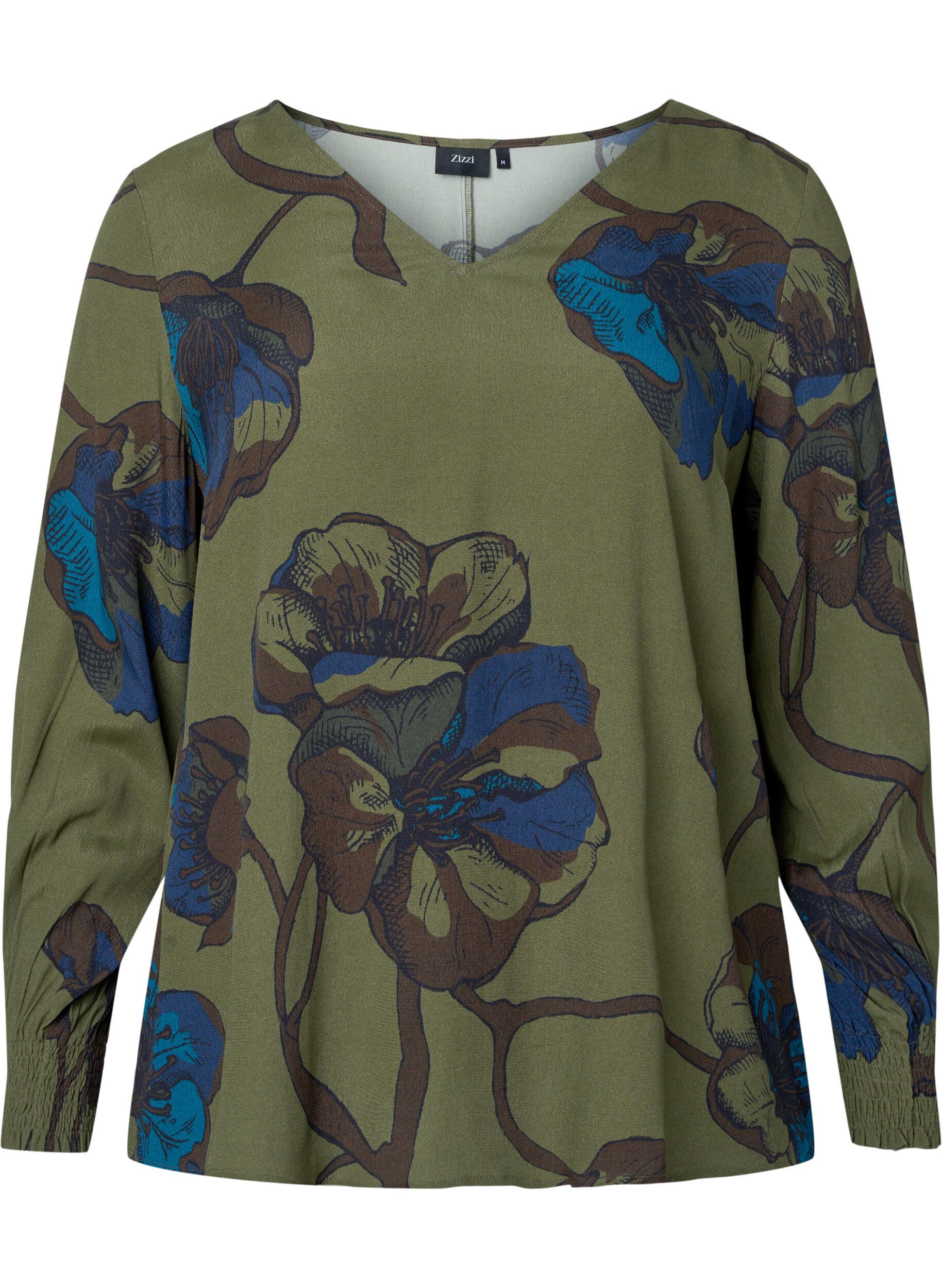 Zizzi Blouse &agrave; manches longues en viscose avec imprim&eacute; floral	, Green Big Flower, Packshot image number 0