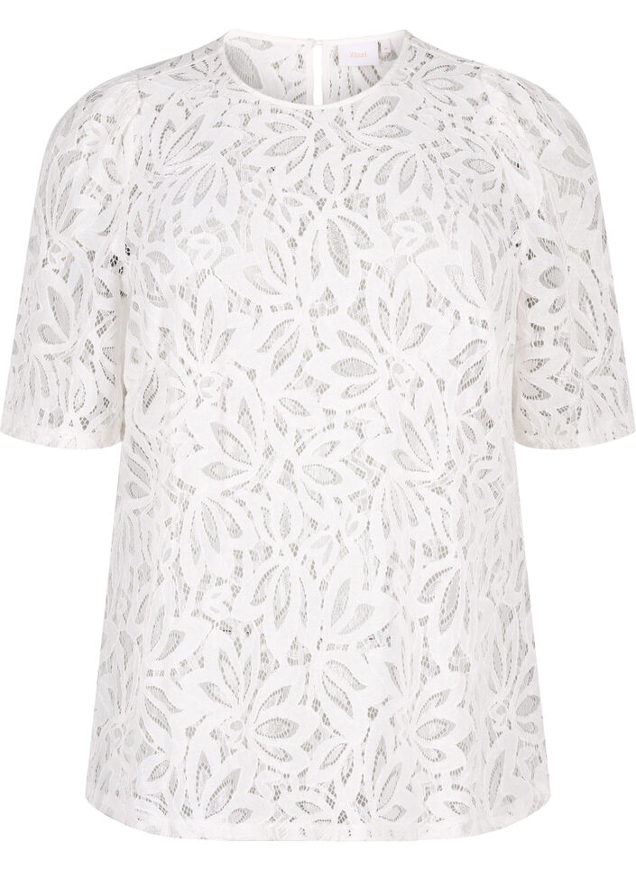 Kanten blouse met korte mouwen, Bright White, Packshot image number 0