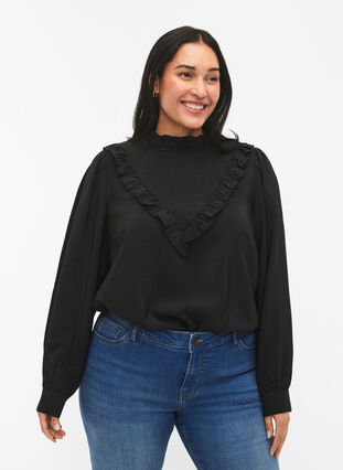 Viscose blouse met franjes., Black, Model image number 0