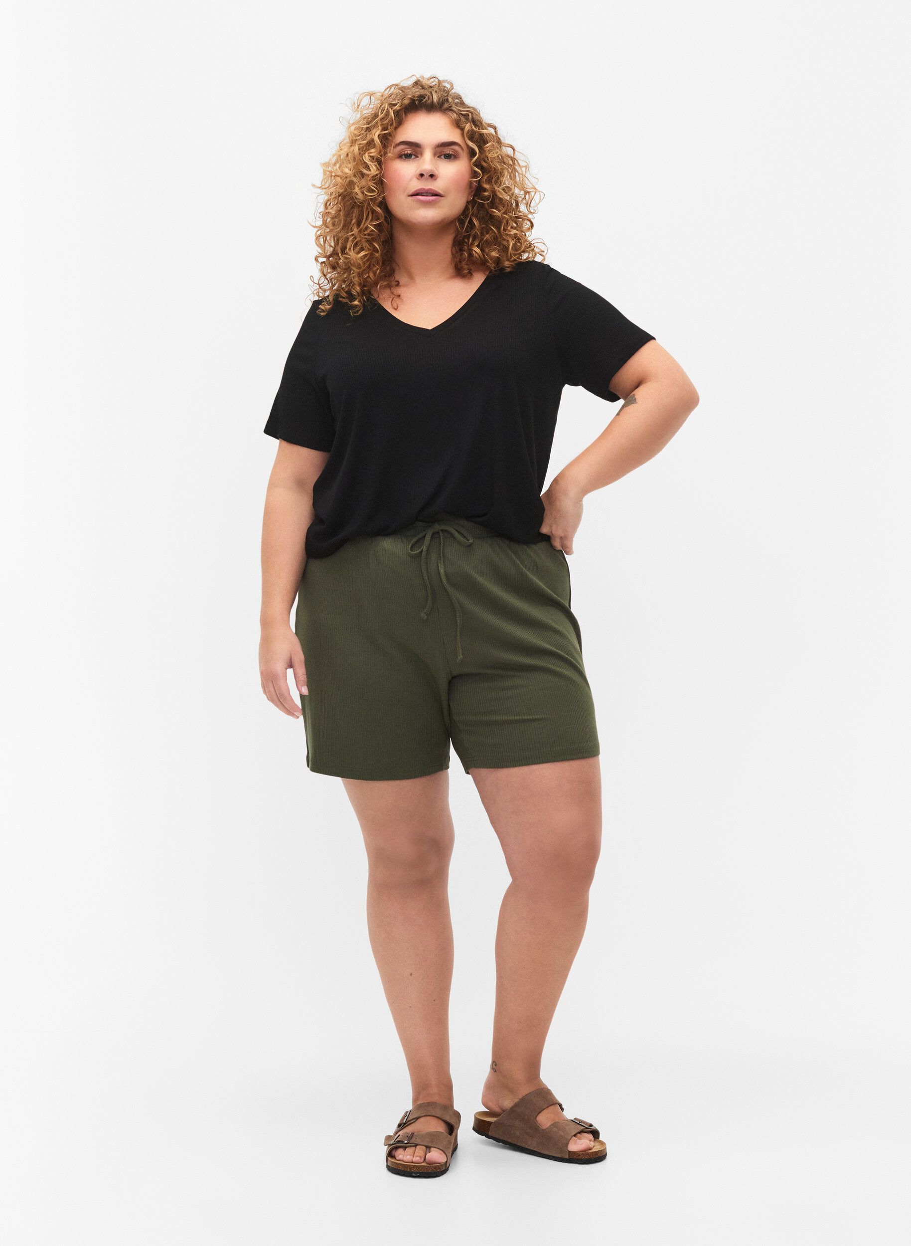 ZizziGeribd viscose t-shirt met v-hals, Black, Model image number 2