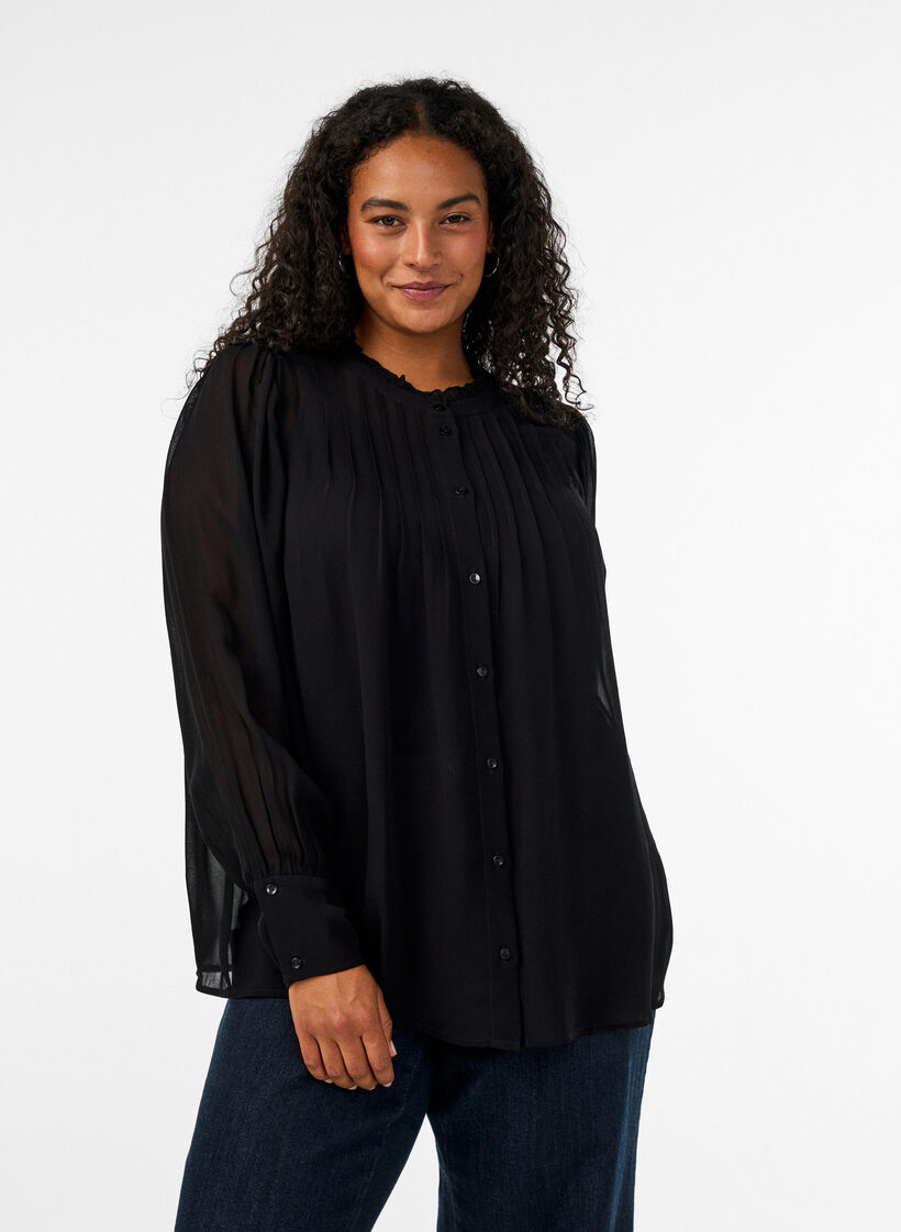 Blouse en viscose &agrave; col &agrave; volants, Noir, Model image number 0