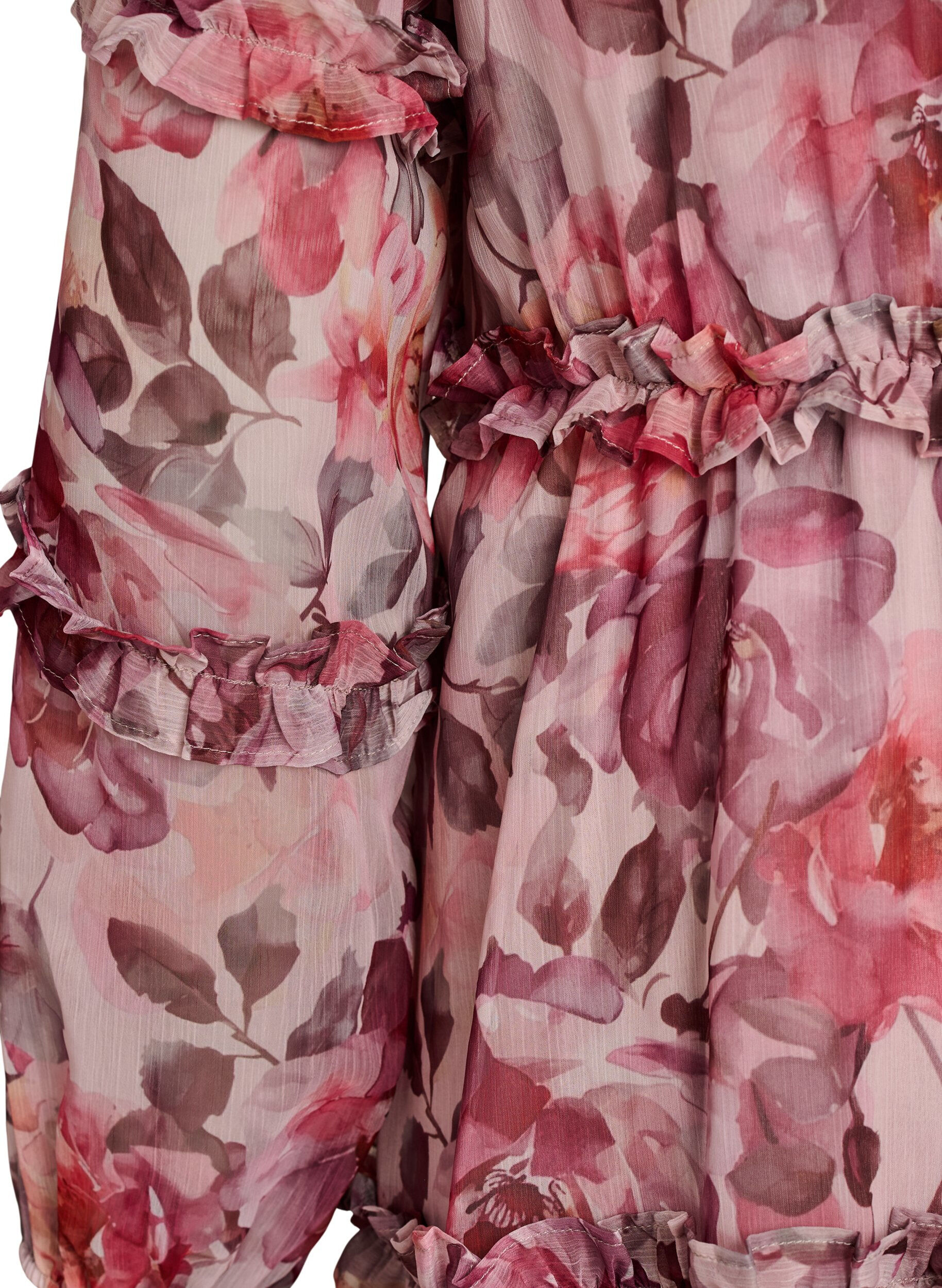 ZizziMidi-jurk met bloemenprint met ruches en doorschijnende mouwen, Roze, Packshot image number 3